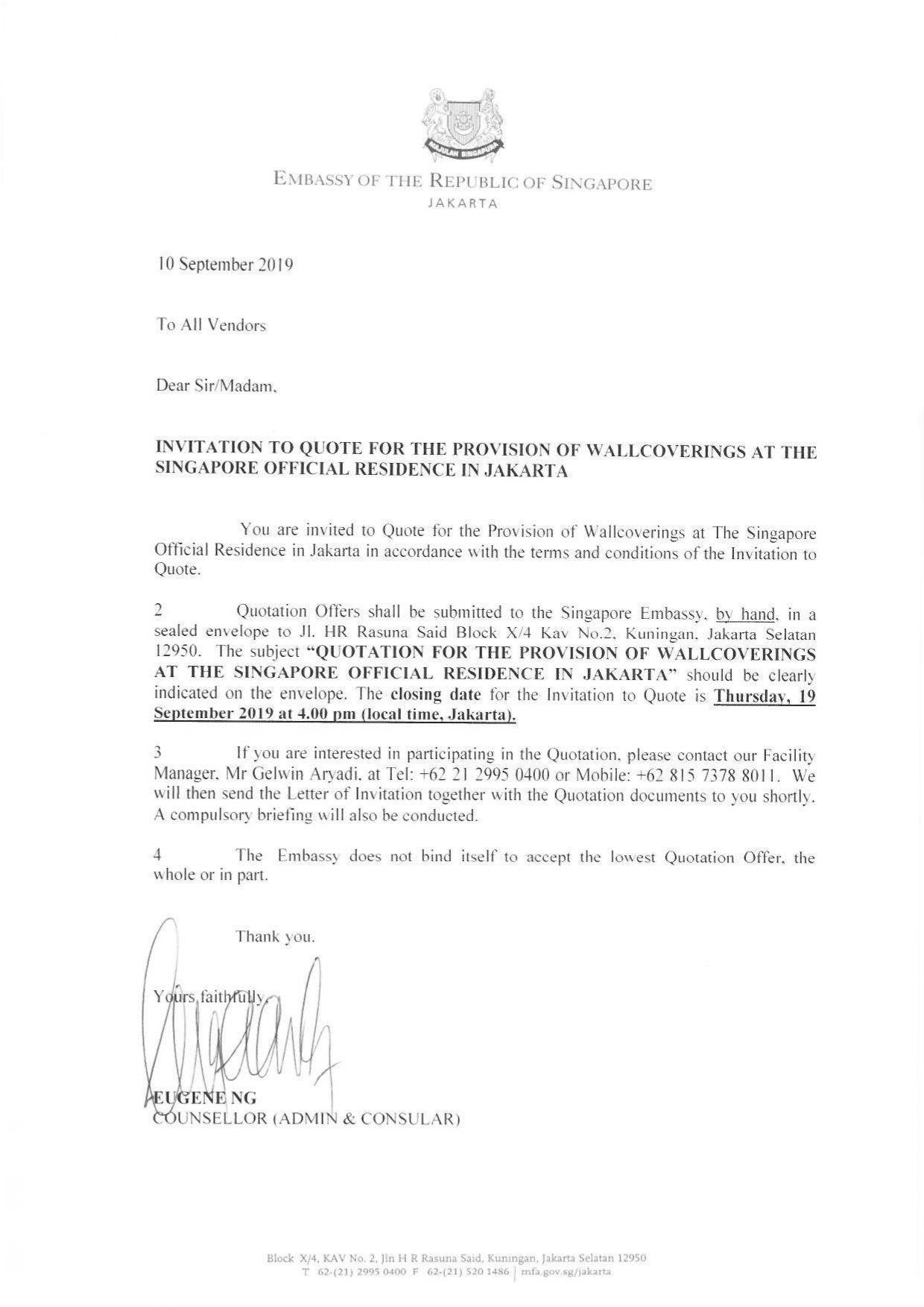 Letter from the Embassy of Singapore, Jakarta, re: wallcovering quotes. Signature at bottom.